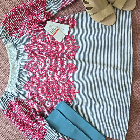 Fever Striped Pink Embroidered Women's Top - Picture 2 of 11